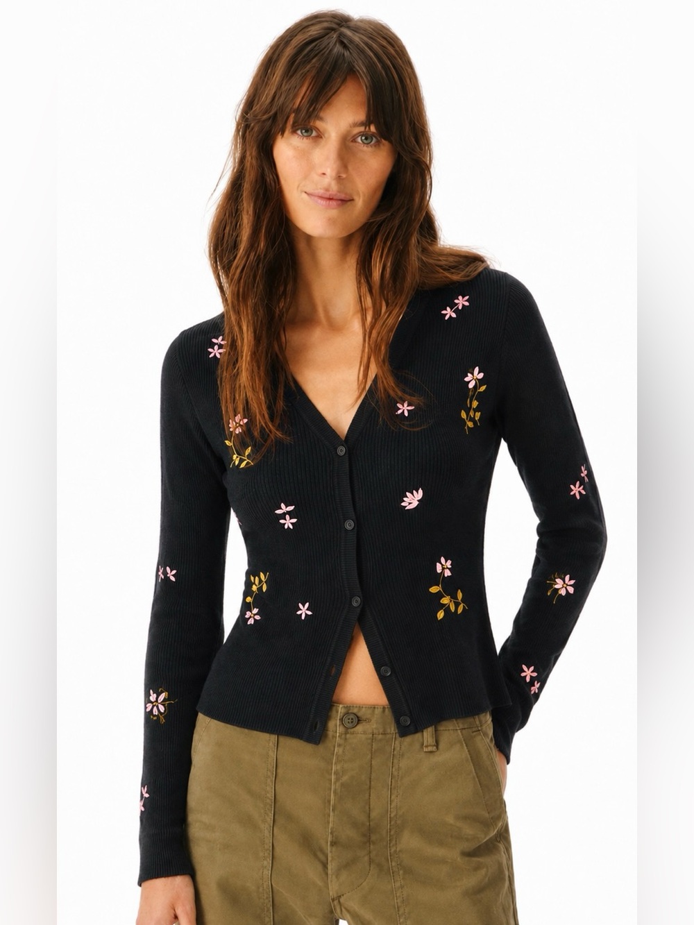 NWOT Favorite Daughter Ribbed V-Neck Captivating Cardigan Black w/Floral | XS